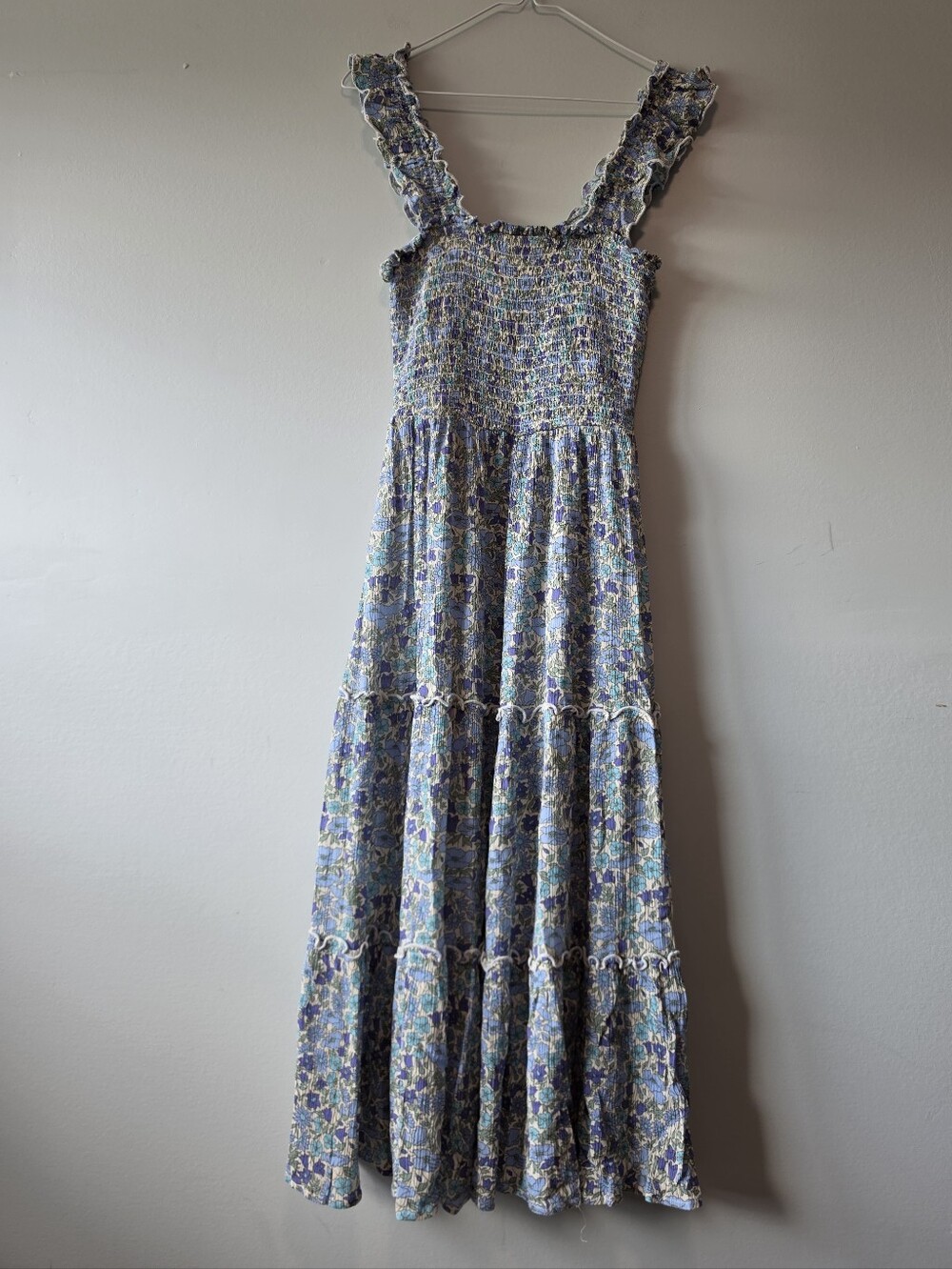 Floral Smocked Maxi Dress with Ruffle Straps - Lavender Blue